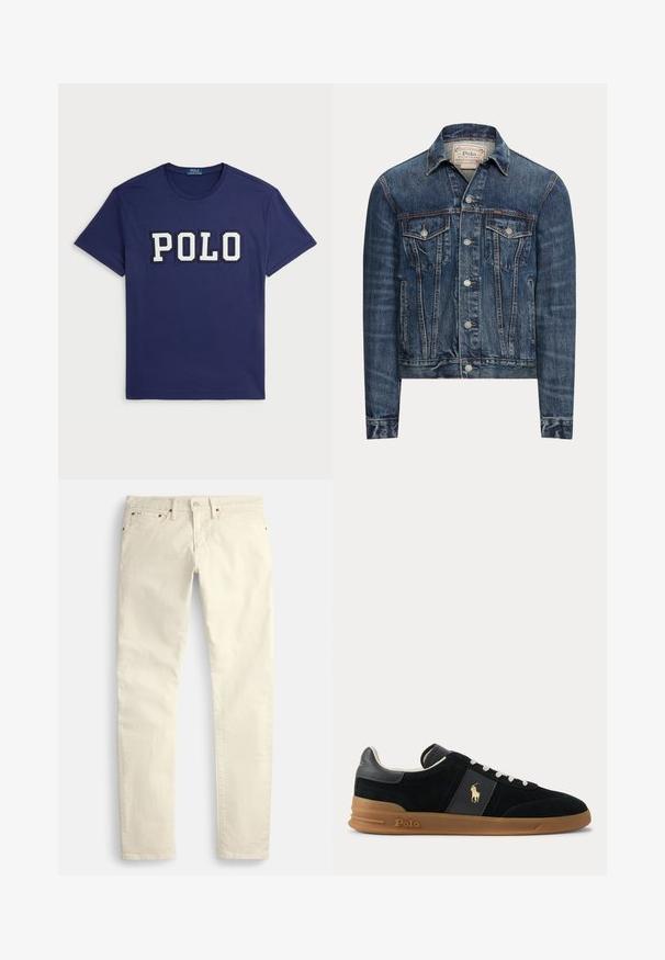 Modrá rifľová bunda so zapínaním na gombíky, dvoma náprsnými vreckami s chlopňami, bočnými vreckami a viditeľným prešívaním, označená Polo Ralph Lauren vo vnútri goliera.; Námornícky modré tričko vyrobené z bavlny, s veľkým bielym grafickým nápisom "POLO", okrúhlym výstrihom a krátkymi rukávmi.; Svetlobéžové rovné nohavice z textúrovaného materiálu. Majú päť vreciek a hnedé kovové doplnky. Bez viditeľných vzorov alebo ozdôb.; Čierna nízka teniska s bielymi šnúrkami, hnedou gumovou podrážkou a zlatým logom Polo na boku a na pätovej záložke.