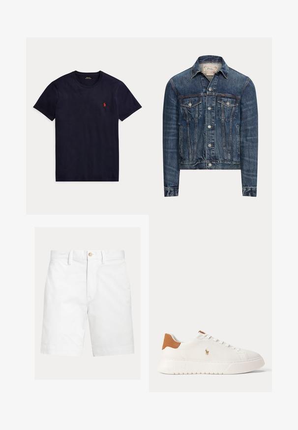 Blå denimjakke med knaplukning, to brystlommer med klap, sidelommer og synlig syning, mærket Polo Ralph Lauren indeni kraven.; Marineblå t-shirt med korte ærmer og rund hals med lille rødt Polo Ralph Lauren-logo på venstre bryst.; Hvide shorts til knæet med bæltestropper og en brun knaplukning i taljen, vist på en ensfarvet baggrund.; Hvid lavtop sneaker med tan hælfane, hvide snørebånd og lille broderet polo-spiller logo på siden over en tyk sål.