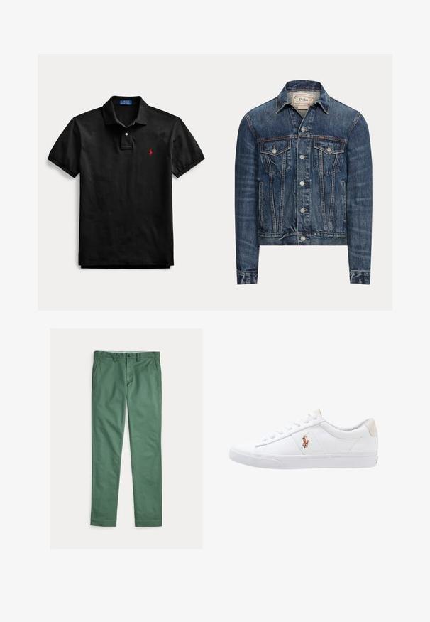 Blå denimjakke med knaplukning, to brystlommer med klap, sidelommer og synlig syning, mærket Polo Ralph Lauren indeni kraven.; Sort kortærmet polo med krave, to-knaps åbning og lille rødt broderet logo på venstre bryst.; Grønne herrebukser med lige ben, forlommer, bæltestropper og knaplukning, vist fladt på en hvid baggrund.; Hvide kanvas sneakers med lågtop design, prydet med en beige hælkappe og et lille broderet logo på siden. Gummisål.