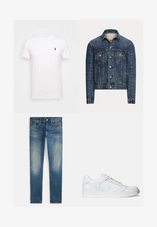 Blå denimjakke med knaplukning, to brystlommer med klap, sidelommer og synlig syning, mærket Polo Ralph Lauren indeni kraven.; Hvid bomulds t-shirt med rund hals. Har et lille mørkeblå logo på venstre bryst. Korte ærmer, glat tekstur.; Blå falmede smalle jeans med knappelukning og lynlås, forlommer og lille møntlomme, vist fladt på hvid baggrund.; Hvide lædersneakers med en glat tekstur, der har en perforeret tå, snørebåndslukning og broderet logo på siden. Hvid gummisål.