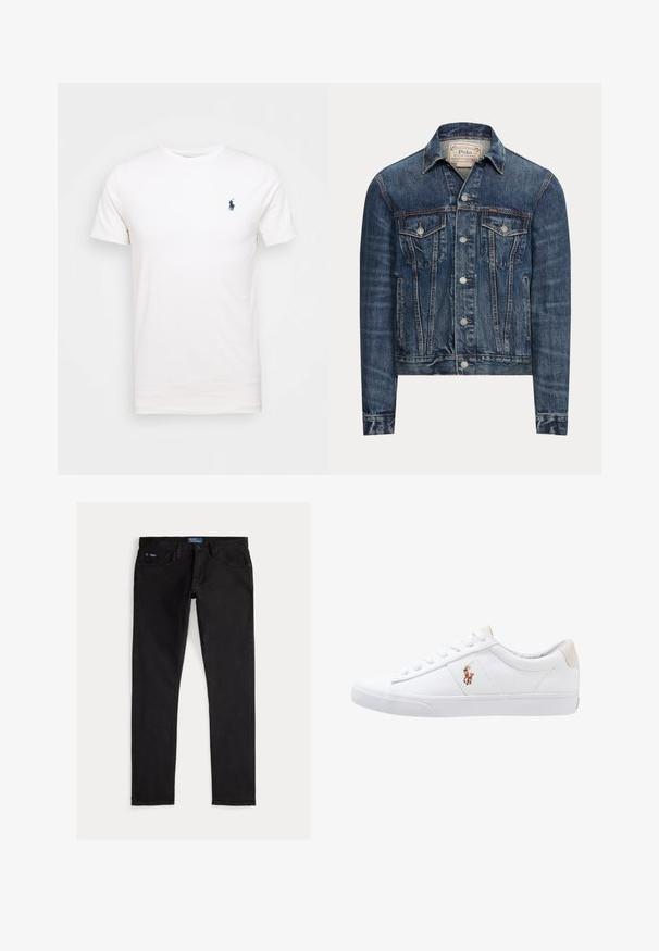 Blå denimjakke med knaplukning, to brystlommer med klap, sidelommer og synlig syning, mærket Polo Ralph Lauren indeni kraven.; Hvid bomulds t-shirt med rund hals. Har et lille mørkeblå logo på venstre bryst. Korte ærmer, glat tekstur.; Sorte denimjeans med slim pasform, der har fem lommer, bæltestropper og et blåt mærke på linningen. Glat, holdbart stof.; Hvide kanvas sneakers med lågtop design, prydet med en beige hælkappe og et lille broderet logo på siden. Gummisål.