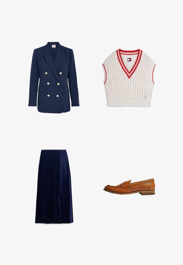Marineblå dobbeltbrystet blazer med guldbuttons, skarpe revers, to forlommer og en glat tekstur. Skræddersyet pasform.; Kremfarvet kabelstrikket ærmeløs sweatervest med røde og hvide stribede V-hals og ærmegab, Tommy Jeans mærke ved kraven og kanten.; Mørkeblå plisseret midi-nederdel lavet af letvægtsstof med en glat overflade, der har jævnt fordelt lodrette folder og en elastisk talje.; Brun læderloafer med flad hæl, rund tå og en dekorativ rem over vristen. Glat tekstur med kontrastsyningsdetalje.