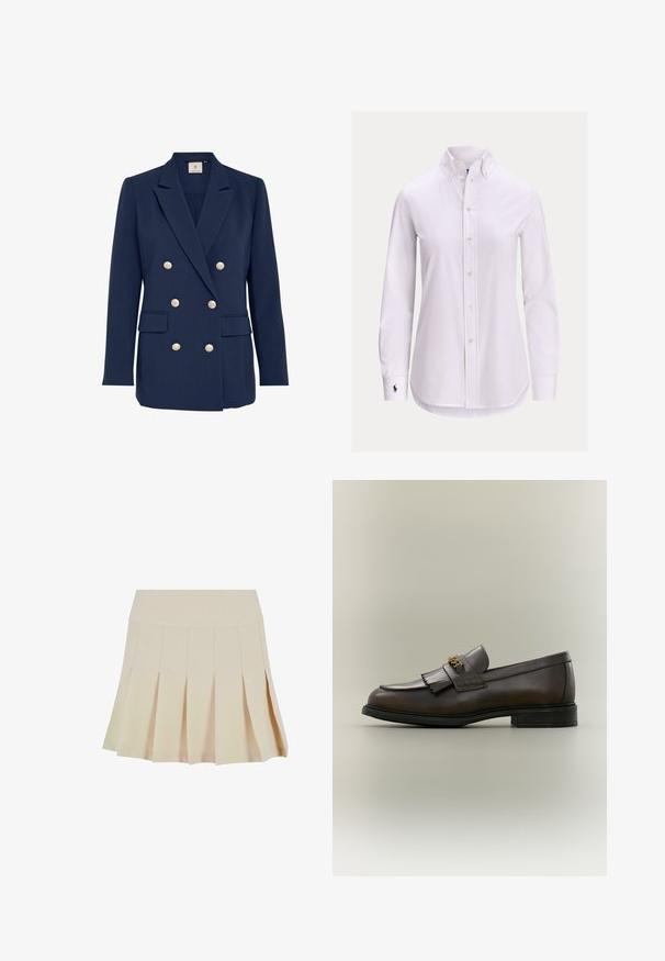 Marineblauwe dubbelgeknoopte blazer met gouden knopen, scherpe revers, twee voorzakken en een gladde textuur. Getailleerde pasvorm.; Witte blouse met lange mouwen, knoopsluiting, een knoopsluitkraag en een klein geborduurd logo op de linkermanchet.; Beige geplisseerde rok met een aangesloten tailleband, gemaakt van een gladde stof. Kenmerkt zich door meerdere verticale plooien en een rechte zoom.; Donkerbruine leren loafer met franjes en gouden gesp op zwarte zool, gezien van opzij tegen een neutrale achtergrond.