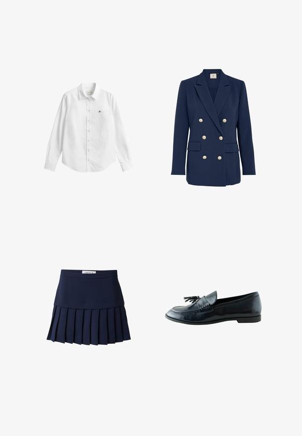 Marineblauwe dubbelgeknoopte blazer met gouden knopen, scherpe revers, twee voorzakken en een gladde textuur. Getailleerde pasvorm.; Wit overhemd met lange mouwen en knoopsluiting, gemaakt van stof met een lichte textuur. Voorzien van een borstzak met een klein geborduurd logo en een klassieke kraag.; Donker marineblauwe geplooide minirok met een brede tailleband en een label aan de achterkant in het midden.; Zwarte leren herenslof met kwastjes bovenop en lage hak, gezien vanaf de linkerkant op een witte achtergrond.