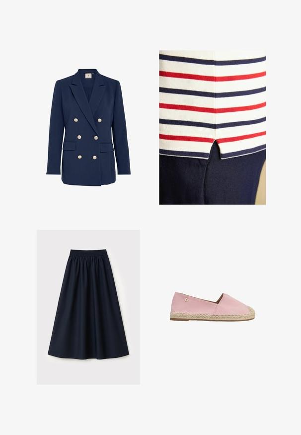 Marineblauwe dubbelgeknoopte blazer met gouden knopen, scherpe revers, twee voorzakken en een gladde textuur. Getailleerde pasvorm.; Close-up van een wit stof met rode en marineblauwe horizontale strepen die samenkomen met marineblauw stof bij een kleine zijslip.; Marineblauwe rok gemaakt van gladde stof, voorzien van een elastische tailleband, uitlopende pasvorm en een knielengte. Geen patronen of accenten zichtbaar.; Roze suède espadrille met zool omwikkeld met jute en een klein gouden embleem aan de zijkant, platte hak, gesloten neus.