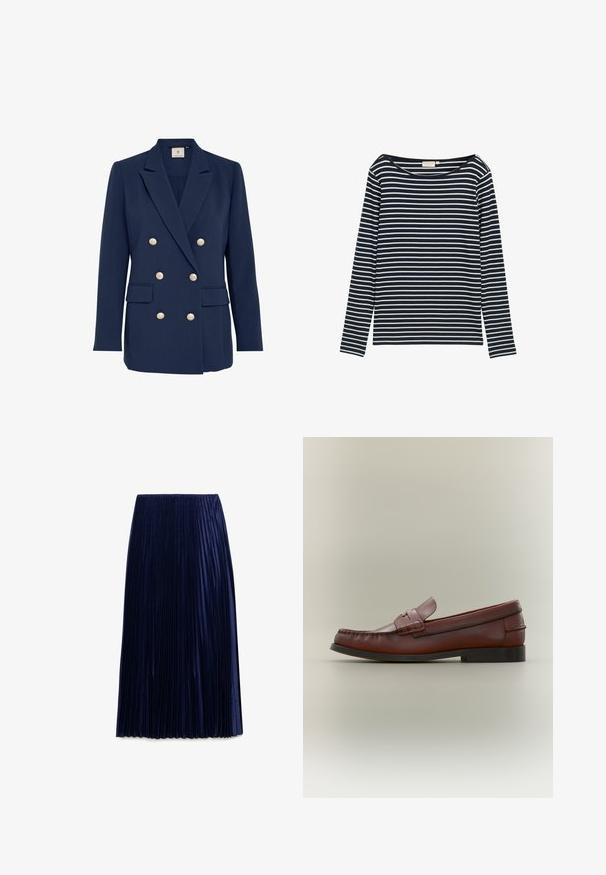 Marineblå dobbeltbrystet blazer med guldbuttons, skarpe revers, to forlommer og en glat tekstur. Skræddersyet pasform.; Marineblå og hvid stribet langærmet skjorte med en bred halsudskæring, lavet af et blødt materiale, med jævnt fordelte vandrette striber.; Mørkeblå plisseret midi-nederdel lavet af letvægtsstof med en glat overflade, der har jævnt fordelt lodrette folder og en elastisk talje.; Brun læderherresko med sort sål og dekorativ stropdetalje, vist i profil på en neutral baggrund.