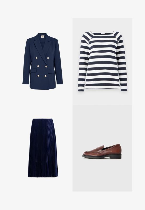 Marineblå dobbeltbrystet blazer med guldbuttons, skarpe revers, to forlommer og en glat tekstur. Skræddersyet pasform.; TOM TAILOR STRIPED CARRE NECK - Langærmet T-shirt - lunar eclipse/off white; Mørkeblå plisseret midi-nederdel lavet af letvægtsstof med en glat overflade, der har jævnt fordelt lodrette folder og en elastisk talje.; Brune læder loafers med en syet forkant, rund tå og en lav sort gummisål. Branding præget på siden.