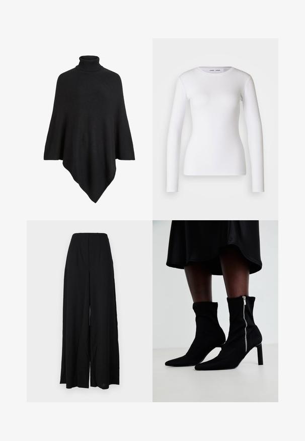 Poncho de punto negro con un alto cuello de tortuga, con un diseño triangular y un acabado suave y texturizado.; Camisa blanca de manga larga hecha de tela acanalada, con un cuello redondo y una forma ajustada. No presenta patrones ni detalles.; Pantalones de pierna ancha negros, confeccionados con una tela texturizada, que presentan una cintura alta con pliegues y bordes limpios para una silueta elegante.; Botas negras hasta el tobillo con un cuerpo de tela elástica, punta afilada y cierre lateral de cremallera, sobre un tacón fino y alto.