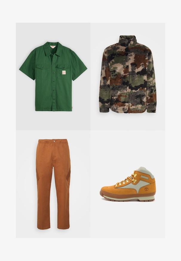 Fleecejack met een camouflagepatroon in groen, bruin en zwart. Hoge kraag en ritssluiting, zachte textuur overal.; Korte mouwen groene katoenen shirt met knoopsluiting, twee borstzakken en een klein label op de linkse zak. Effen, geen patronen.; Jordan CHICAGO PANT - Cargobroek - british tan; Bruine suede wandelschoen met lichtgrijze stoffen panelen, gouden ogen, rubberen zool en Timberland-logo op de hiel gedrukt.