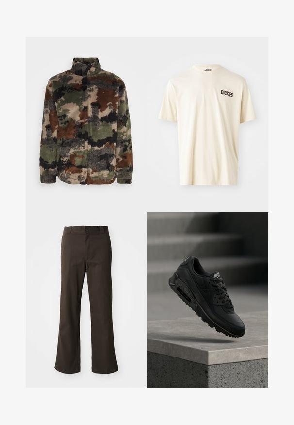 Fleecejack met een camouflagepatroon in groen, bruin en zwart. Hoge kraag en ritssluiting, zachte textuur overal.; Lichtbeige katoenen t-shirt met korte mouwen en een ronde hals. Heeft een donkerbruine logo tekst "DICKIES" op de linker borstopper.; Bruine, uitlopende broek met een soepele textuur, voorzien van een sluiting met een voorknop en zijzakken. Eenvoudig en recht ontwerp.; Zwarte Nike Air Max 90 sneaker met een combinatie van leer en mesh materialen, ronde veters en een zichtbare luchtunit in de zool.