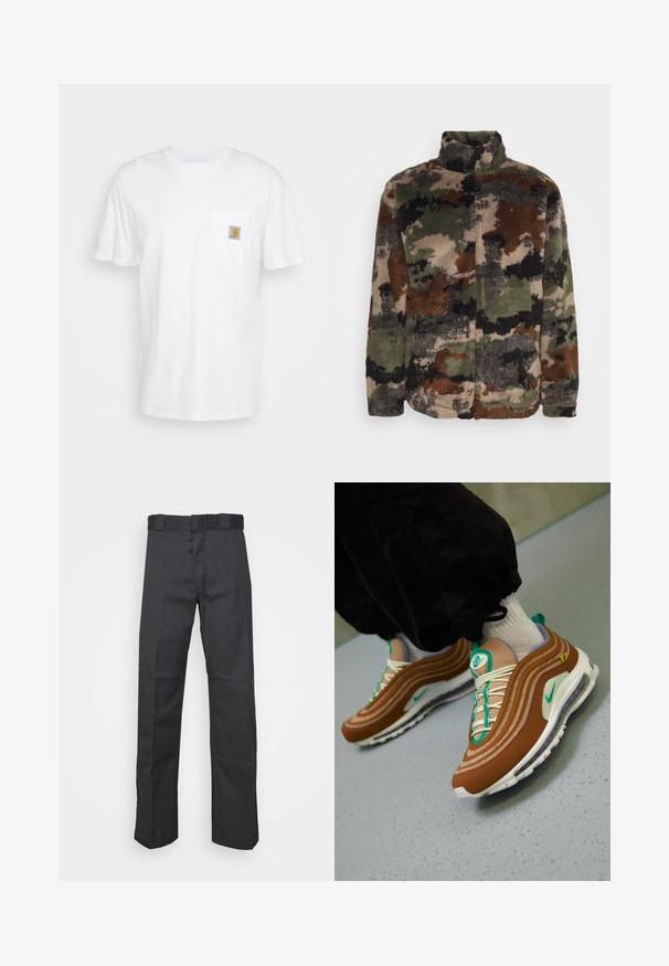 Fleecejakke i en camouflagemønster med grønne, brune og sorte nuancer. Høj krave og lynlås lukning, blød tekstur overalt.; Hvid bomulds T-shirt med korte ærmer, en brystlomme, og et lille firkantet logo patch i orange og hvid på lommen.; Sorte bukser lavet af holdbart stof, med et lige ben-design, en talje med bæltesløjfer og sømme for ekstra struktur.; Brune Nike Air Max 97 sneakers med lagdelt design, teal accenter, hvide snørebånd og en synlig air-enhed i sålen.