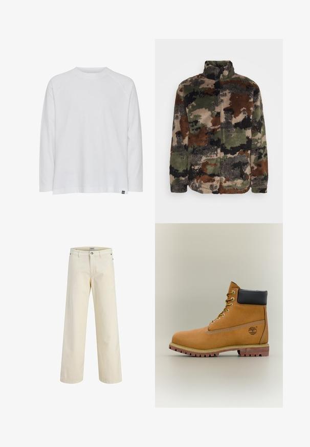 Chaqueta de forro polar en un patrón de camuflaje que presenta tonos verdes, marrones y negros. Con cuello alto y cierre con cremallera, textura suave en toda la prenda.; Camiseta blanca de manga larga con cuello redondo, ajuste relajado y mangas raglán. Fabricada en suave tejido de algodón; cuenta con una pequeña etiqueta de la marca.; Pantalones rectos de color crema con trabillas para cinturón, cierre delantero con botón y cremallera, y bolsillos laterales, mostrados sobre un fondo blanco.; Bota de tobillo de cuero marrón con cuello negro, cordones amarillos y suela beige. Presenta un logotipo y detalles de costura blanca. Suela exterior con tracción robusta.