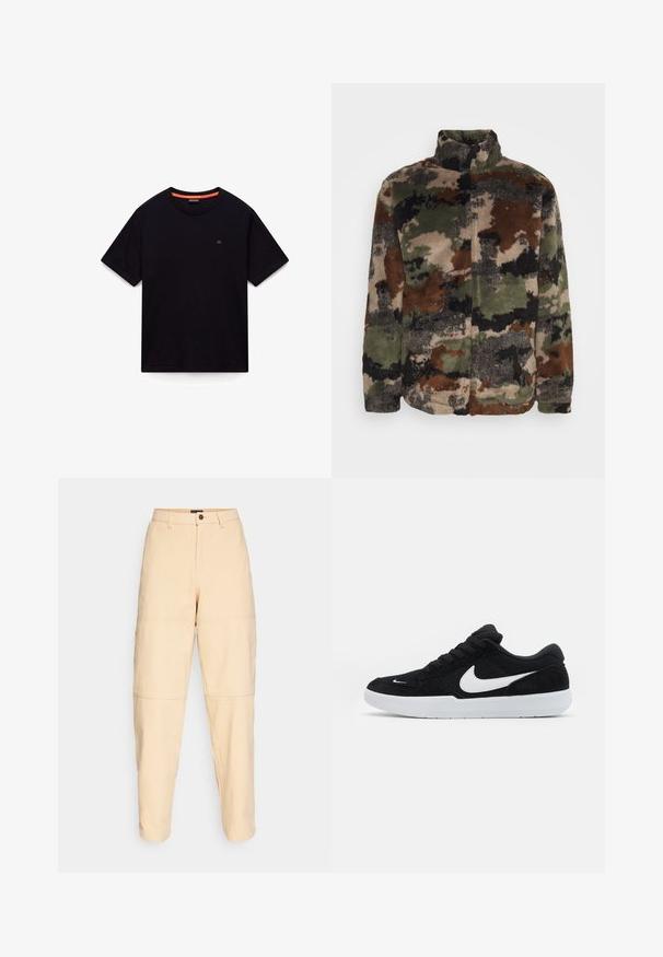Fleecejakke i en camouflagemønster med grønne, brune og sorte nuancer. Høj krave og lynlås lukning, blød tekstur overalt.; Sort kortærmet T-shirt med rund hals, lille logo på brystet og orange detalje i den indvendige krave, lagt fladt på en hvid baggrund.; Beige, høj talje bukser lavet af bomuld. Har lommer, knaplukning og markante panel sømme ved knæene. Lige ben-design.; Sorte ruskindssneakers med hvide accenter, der har en rund tå, tyk hvid sål og sorte snørebånd. Fremtrædende hvidt Nike-logo på siden.