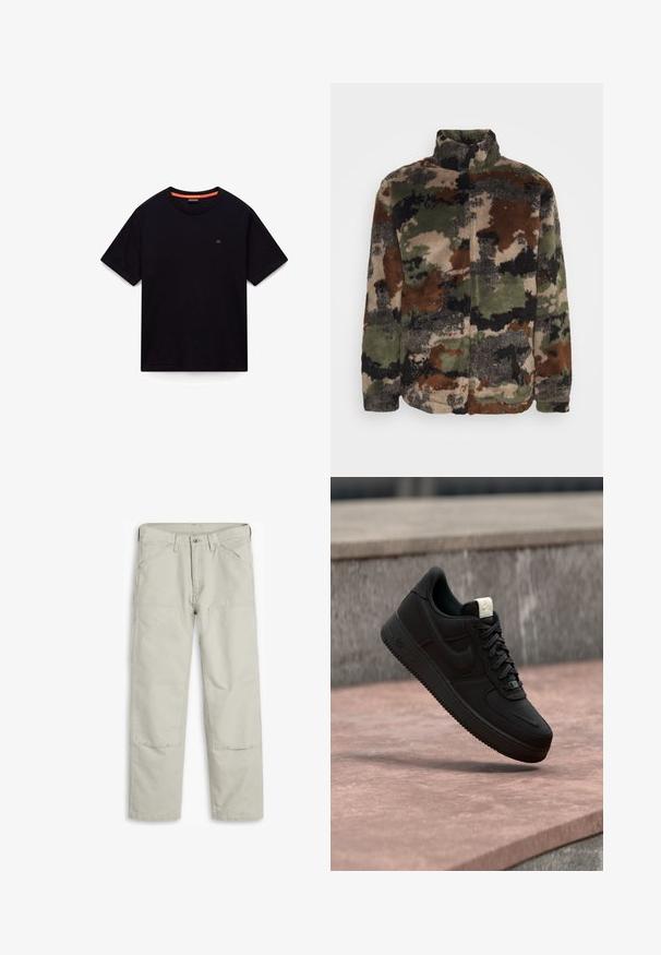 Fleecejakke i en camouflagemønster med grønne, brune og sorte nuancer. Høj krave og lynlås lukning, blød tekstur overalt.; Sort kortærmet T-shirt med rund hals, lille logo på brystet og orange detalje i den indvendige krave, lagt fladt på en hvid baggrund.; Lys grå bomuldsbukser med lige snit, flere lommer, forstærkede knælapper og kontrasterende syninger.; Sort Nike Air Force 1 sneaker, der svæver over en lyserød betonforkant med en grå stenet baggrund, som viser sidde- og topdetaljer.