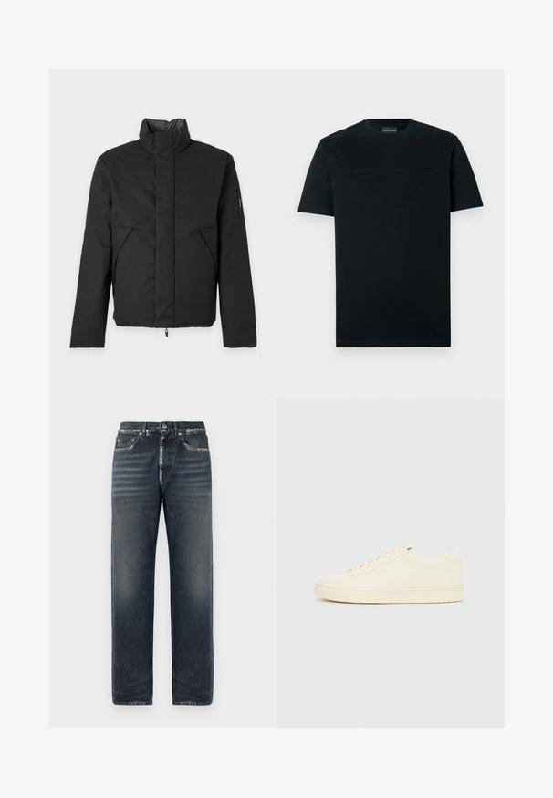 Veste d'hiver matelassée noire avec col haut, fermeture éclair avant dissimulée, poches latérales et manches longues sur un fond clair uni.; T-shirt noir en coton; présente un logo mat au centre. Col rond classique, manches courtes et ourlet droit.; Jean en denim bleu foncé avec une coupe décontractée, présentant une légère décoloration, une jambe droite et un design classique à cinq poches.; Baskets couleur crème avec une tige en cuir lisse, bout arrondi, laçage à l'avant et semelle en caoutchouc texturée. Design minimaliste, sans logo.