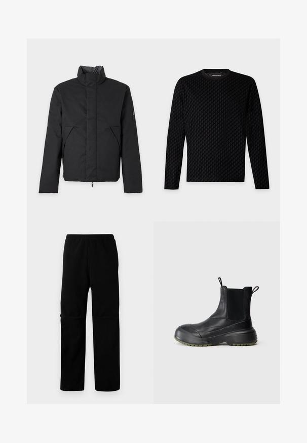 Schwarze wattierte Winterjacke mit hohem Kragen, verdecktem Frontreißverschluss, Seitentaschen und langen Ärmeln auf einfarbig hellem Hintergrund.; Schwarzer Langarmpullover mit dezentem Hahnentrittmuster und rundem Ausschnitt vor einem einfarbigen hellgrauen Hintergrund.; Schwarze Fleece-Hosen mit elastischem Bund und geradem Bein. Glatte Textur ohne sichtbare Muster oder Beschläge.; Schwarze Leder-Ankle-Boots mit elastischen seitlichen Einsätzen, runder Zehenpartie und dicker Gummisohle mit olivenfarbigen Akzenten und Zugschlaufen.