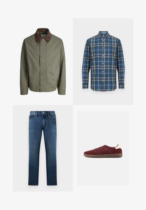 Veste olive verte à boutons avec col en velours côtelé brun, manches longues et boutons avant dissimulés.; Chemise pour homme à manches longues, boutonnée, avec motif à carreaux verts, bleus, gris et orange, et col pointu.; Jean en denim bleu foncé à coupe droite avec fermeture à bouton et fermeture éclair à l'avant, poches avant et arrière, présenté sur fond blanc.; Baskets en daim bordeaux avec fermeture à lacets, détails texturés sur les côtés et accent de talon clair. Semelle en gomme avec une finition lisse.