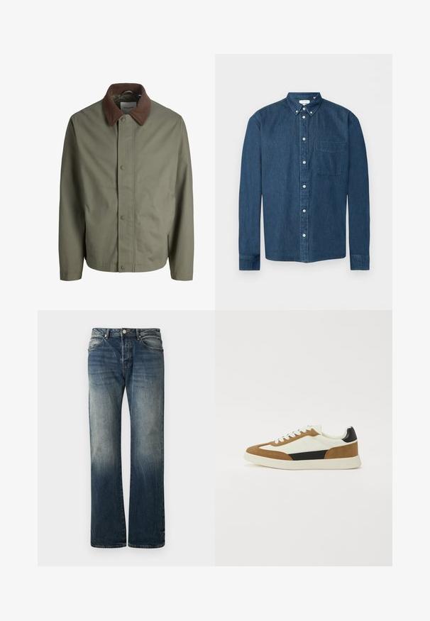 Olivgrüne Jacke zum Knöpfen mit braunem Cordkragen, langen Ärmeln und verdeckten Knöpfen vorne.; Knopfbares dunkelblaues Denim-Hemd mit langen Ärmeln, einer Brusttasche links und einem Button-Down-Kragen, dargestellt vor weißem Hintergrund.; Dunkelblaue weit geschnittene Jeans aus Denim. Mit verblassten Details, traditionellem Fünf-Taschen-Design und einem Metallknopfverschluss an der Taille.; Sneaker mit einer Mischung aus weißen, braunen und schwarzen Materialien, im Design aus Wildleder und Leder, runder Zehenpartie und flacher Gummisohle.