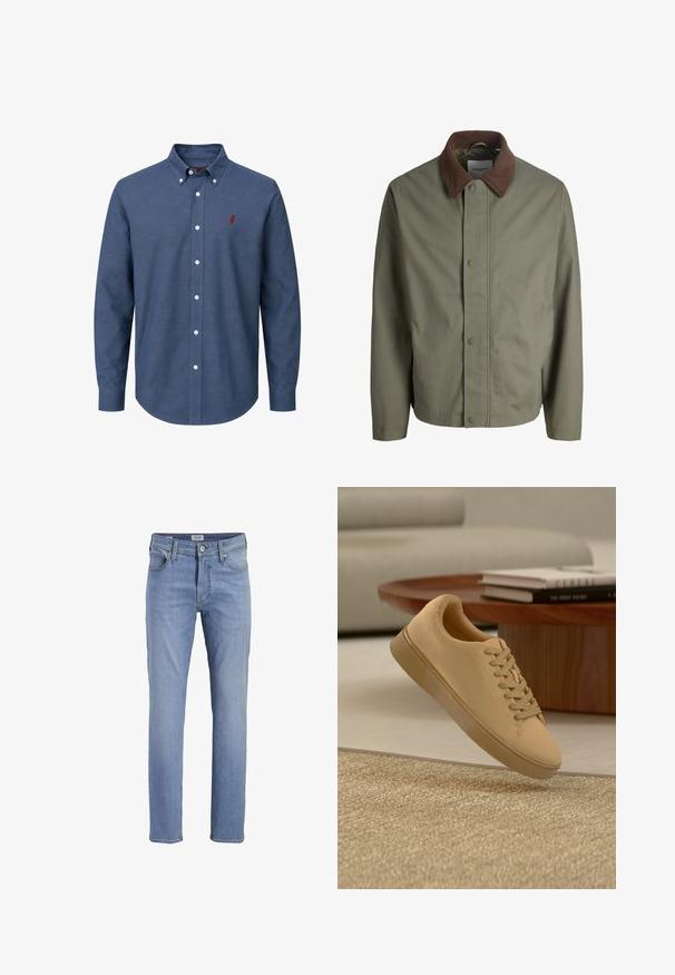 Olivengrøn jakke med knapper foran, brun fløjlskrave, lange ærmer og skjulte knapper foran.; Blå skjorte med lange ærmer, hvide knapper og en lille rød broderet logo på venstre bryst.; Lyseblå denimjeans med lige ben, foran med knap, lynlås, bæltestropper og femlommesdesign.; Beige snørestøvler, der svæver over et tekstureret tæppe med et træ sofabord og stablede bøger i en sløret baggrund.