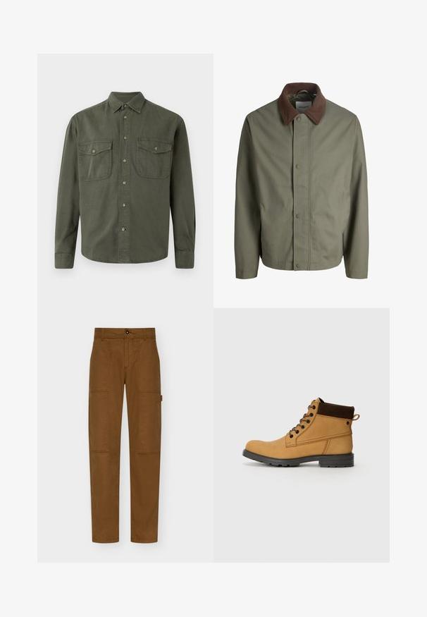 Chaqueta verde oliva con botones, cuello de pana marrón, mangas largas y botones delanteros ocultos.; Camisa de manga larga color caqui hecha de algodón. Presenta un cierre de botones en la parte delantera, dos bolsillos en el pecho con solapas y un cuello clásico. Diseño sencillo.; Pantalones cargo marrones hechos de un tejido duradero, con pierna recta, dos grandes bolsillos laterales y un cierre de botón en la cintura.; Jack & Jones JFWCRANFIELD - Botines con cordones - honey