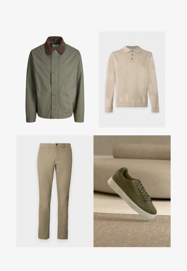 Veste olive verte à boutons avec col en velours côtelé brun, manches longues et boutons avant dissimulés.; Polo en maille beige à manches longues avec trois boutons et poignets et ourlet côtelés, posé à plat sur un fond blanc.; Chinos kaki en mélange de coton, avec une coupe droite, une taille standard avec fermeture à bouton et des poches latérales.; Baskets en daim vert olive avec semelle et lacets blancs flottant au-dessus d’un tapis beige devant un canapé beige clair.
