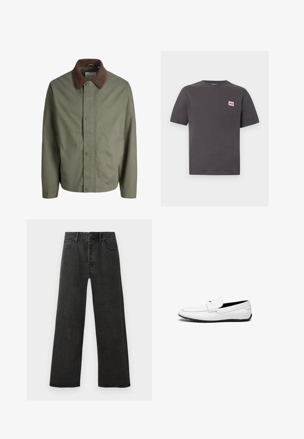 Veste olive verte à boutons avec col en velours côtelé brun, manches longues et boutons avant dissimulés.; T-shirt gris foncé à manches courtes et col rond avec un petit patch logo rectangulaire blanc sur le côté gauche de la poitrine portant l'inscription "ONLY & SONS".; Jeans en denim noirs taille haute à coupe droite avec bouton à l'avant, fermeture éclair et design à cinq poches sur fond blanc.; Mocassins en cuir blanc avec une finition lisse, présentant un accent cousu, un bout rond et une semelle en caoutchouc noir pour l'adhérence.