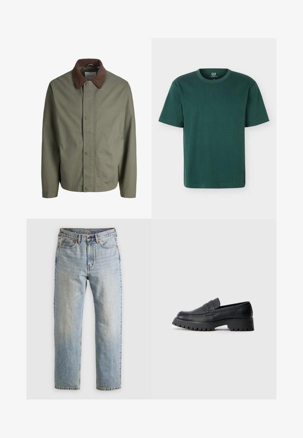 Olijfgroene jas met knopen, een bruine corduroy kraag, lange mouwen en verborgen knopen aan de voorkant.; Donkergroene t-shirt met korte mouwen en ronde hals, met een ontspannen pasvorm, gelabeld als heavyweight door GAP, afgebeeld op een witte achtergrond.; Lichtblauwe denim jeans met hoge taille, frontknop, rits en vijfzakkenontwerp, plat gelegd op een neutrale achtergrond.; Zwarte leren instappers met een ronde neus, voorzien van een decoratieve riem en een stevige rubberen zool met diepe groeven voor grip.