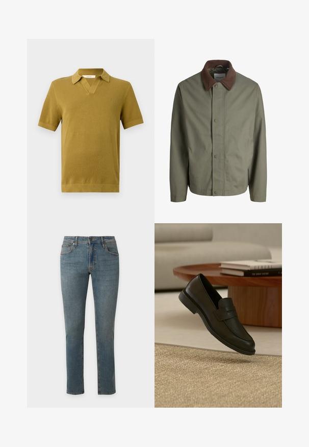 Olivgrüne Jacke zum Knöpfen mit braunem Cordkragen, langen Ärmeln und verdeckten Knöpfen vorne.; Kurzärmliges Polo-Shirt in Senfgelb, mit strukturiertem Strick, V-Ausschnitt und gerippten Bündchen und Saum.; Blaue Jeans mit geradem Bein, Vordertaschen, Gürtelschlaufen, Knopfverschluss und dezenten ausgewaschenen Details auf einfachem Hintergrund.; Schwarzer Lederloafer-Schuh schwebt über einem beige gewebten Teppich, mit einem Holztisch und gestapelten Büchern in einem sanft beleuchteten Wohnzimmer.
