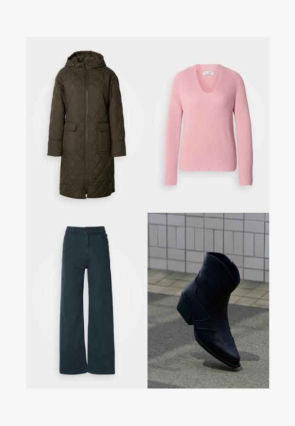Vatteret, lang anorak i mørke olivengrøn, med hætte, to forlommer og en frontlynlås. Glat, struktureret stof.; Pink, v-hals sweater lavet af ribbet strikstof. Har lange ærmer og en afslappet pasform. Glat tekstur med ribbede mønsterdetaljer.; Bredde bukser i mørkegrå bomuldsblanding med frontknaplukning, bæltestropper og to sidelommer. Glat tekstur med minimal detaljering.; Sort læderankelstøvle med lav hæl, dekorative syninger og spids tå, placeret opret på en brolagt overflade ved siden af en flisebelagt væg.