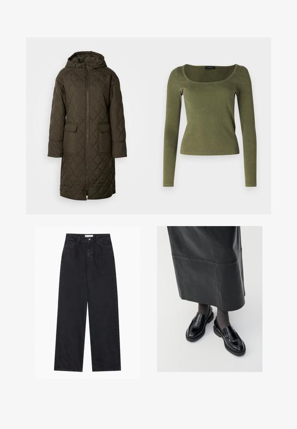 Prešívaný dlhý anorak v tmavozelenej farbe, ktorý má kapucňu, dve predné vrecká a predný zips. Hladká, textúrovaná látka.; Olivovo zelený dlhý rukáv top vyrobený z rebrovanej látky, s obdĺžnikovým výstrihom a priliehavým strihom. Výrazná textúra s jemnými vzormi.; Čierne džínsy s vysokým pásom a širokými nohavicami, s predným zapínaním na gombík a zips, pútka na opasok a piatimi vreckami.; Čierne kožené poltopánky s hladkým povrchom, s dekoratívnym pásikom, okrúhlou špičkou a textúrovanou podrážkou. Nosené s dlhou čiernou koženou sukňou.
