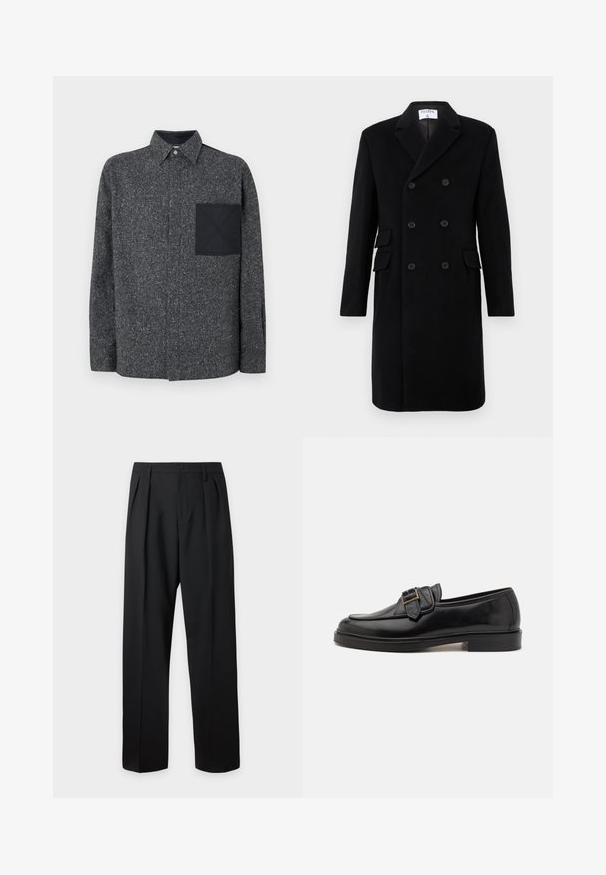 Abrigo de lana negro de doble botonadura con solapas de muesca, seis botones, bolsillos con solapa y mangas largas, etiquetado como Filippa K en el interior del cuello.; Iceberg Camisa - fantasia mix di grigi; Pantalones formales negros con pliegues, trabillas para cinturón y cierre de botón en la cintura, exhibidos sobre un fondo claro y liso.; Mocasines de cuero negro con punta redonda y un acento decorativo de hebilla. Tacón plano y sólido, con una textura suave en todo el zapato.