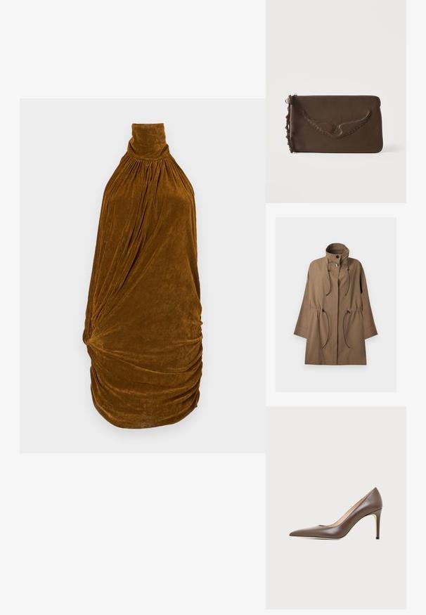 Manteau marron à manches longues avec col montant, deux boutons au niveau du cou et cordons noirs ajustables à la taille et au col.; Robe sans manches en velours marron avec un col montant froncé et des détails de drapé plissé sur le corsage et la jupe.; Chaussure à talon haut en cuir marron à bout pointu avec un talon aiguille fin et une finition lisse sur un fond clair.; Pochette en cuir marron avec un motif d'aile cousu sur le devant et une fermeture éclair latérale avec tirette en cuir tressé.