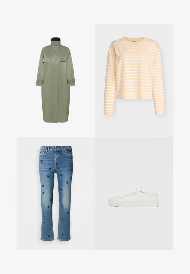 Lange olijfgroene jas met hoge kraag, twee klepzakken op de borst, lange mouwen met knoopmanchetten en een verborgen sluiting aan de voorkant.; Langarmshirt in lichtgeel met witte strepen. Zachte katoenen stof, ronde boothals en een ontspannen pasvorm.; Lichtblauwe denim jeans met rechte pijpen, voorzien van marineblauwe bloemenborduurwerk en wassing-effecten nabij de zakken en de zoom.; Witte lage sneaker met geschulpte randen, vetersluiting en platte rubberen zool op een effen witte achtergrond.