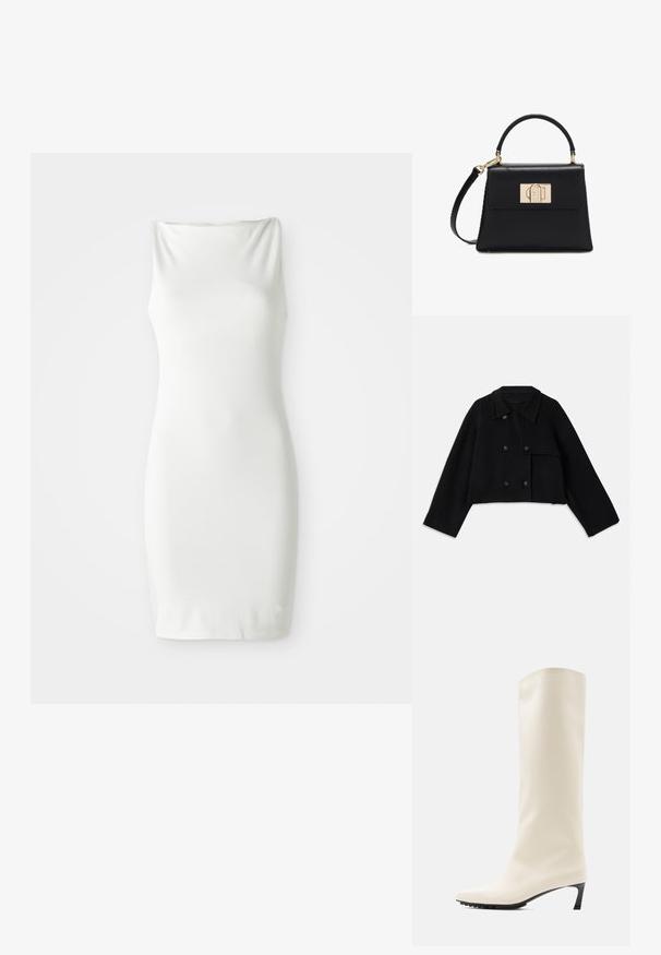 CLOSED CROPPED TRENCH - Letná bunda - black; Biele, bezramienkové bodycon šaty vyrobené z hladkej, elastickej látky. Majú drapovaný výstrih a priliehavý strih, končiaci nad kolenami.; Biele čižmy po kolená vyrobené z hladkého materiálu s špicatou špičkou a úzkym čiernym podpätkom. Majú čistý dizajn a minimálne značkové označenie.; Čierna kožená kabelka s horným držadlom, odnímateľným ramenným popruhom a zlatou obdĺžnikovou sponou na prednej klapke.