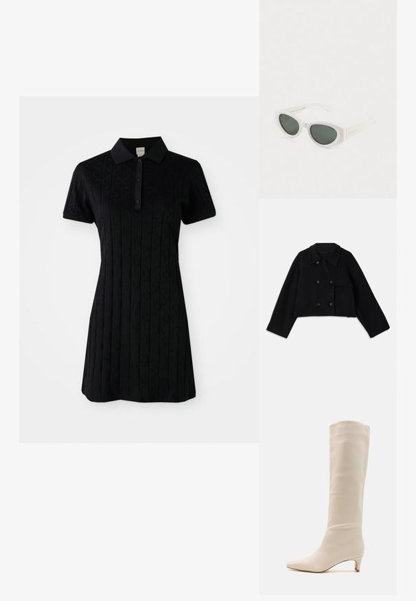 CLOSED CROPPED TRENCH - Let jakke / Sommerjakker - black; Sort polo kjole med korte ærmer, der har en krave og et tekstureret mønster af diamanter og cirkler. Knaplukning ved halsen.; RAID LAYLA - Høje støvler/ Støvler - off white; Hvide katteøje-solbriller med mørke polariserede linser og en ramme af genanvendt polycarbonat på en ensfarvet hvid baggrund.
