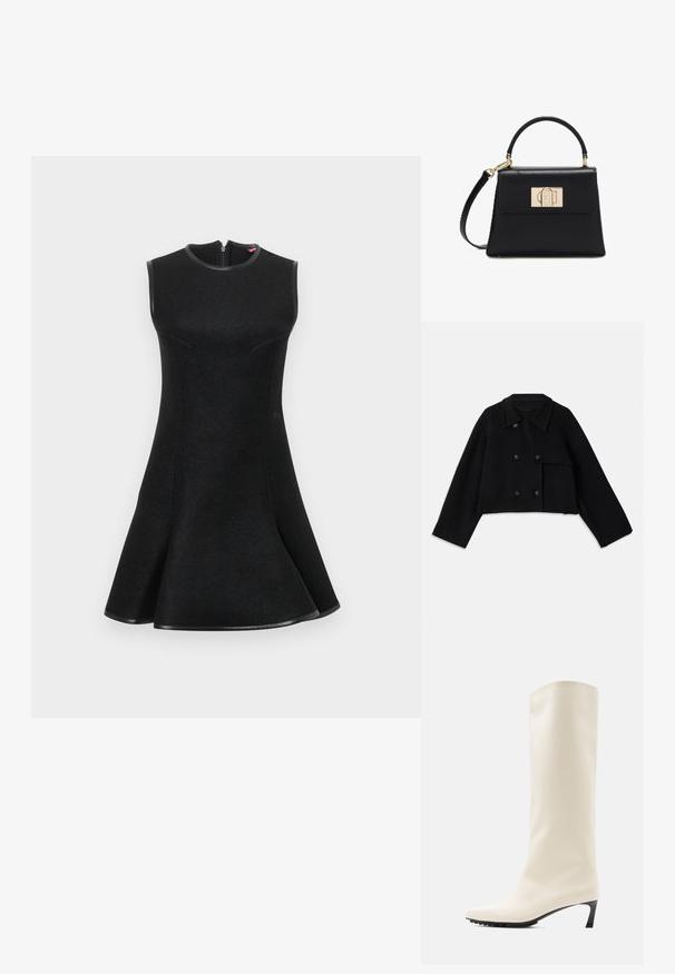 CLOSED CROPPED TRENCH - Veste légère - black; Robe noire sans manches avec une jupe évasée, en tissu texturé, coutures courbes et fermeture éclair au dos. Accentuée d'une bordure noire.; Botte blanche hauteur genou en matériau lisse avec un bout pointu et un talon noir fin. Présente un design épuré et un marquage minimal.; Sac à main en cuir noir avec une poignée supérieure, une bandoulière amovible et un fermoir rectangulaire doré sur le rabat avant.
