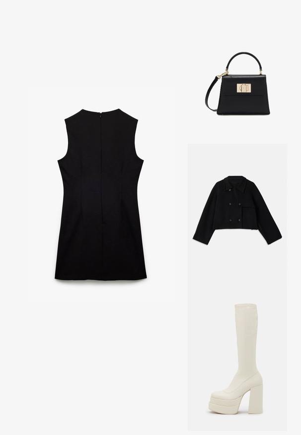 CLOSED CROPPED TRENCH - Let jakke / Sommerjakker - black; Sort ærmeløs kjole med høj halsudskæring og en skjult lynlås i ryggen, der har en tætsiddende talje og en glat stofstruktur.; Steve Madden CYPRESS - Plateaustøvler - off white; Sort læderhåndtaske med tophåndtag, aftagelig skulderrem og gyldent rektangulært spænde på den forreste klap.