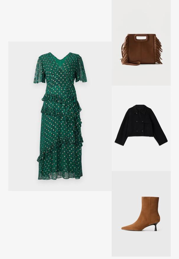 CLOSED CROPPED TRENCH - Let jakke / Sommerjakker - black; Grøn kjole med leopardpletter, lagdelte flæser ved taljen og kanten, korte klokkeærmer og dyb V-udskæring. Let, gennemskinneligt stof.; Brune ruskindsankelstøvle med spids tå og en konisk sort hæl. Glat tekstur med minimal detaljering og en ren silhuet.; Brun lædertaske med rektangulære udskårne håndtag, lang rem og frynser på begge sider mod en ensfarvet baggrund.