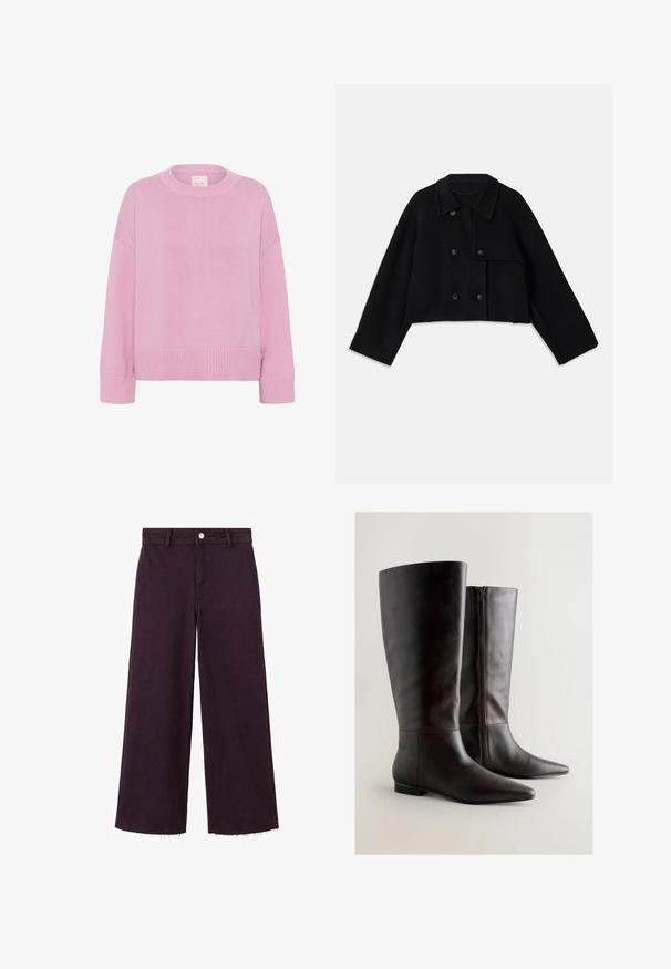 CLOSED CROPPED TRENCH - Leichte Jacke - black; Rosa gestrickter Pullover mit Rundhalsausschnitt, überschnittenen Schultern und gerippten Bündchen. Der Stoff hat eine weiche Textur und fällt lässig.; Weite, tiefviolette Jeanshose mit hohem Bund, Fünf-Taschen-Design und rohen Saumdetails. Verfügt über einen Verschluss mit Metalldruckknopf.; Knielange braune Lederstiefel mit spitzer Zehenpartie, Reißverschluss an der Seite und glatter Textur; schlankes Design mit minimalen Hardware-Akzenten.