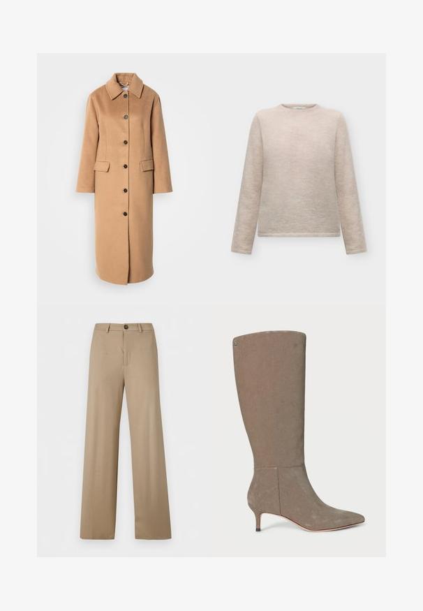 Knemiddellange camelkleurige jas van zachte wol, met een kraag, zes zwarte knopen en twee zakken aan de voorkant.; Beige trui met lange mouwen en een ronde hals, met een zachte, pluizige textuur, afgebeeld tegen een effen lichte achtergrond.; Beige broek met hoge taille en wijde pijpen, met riemlussen en een enkele knoopsluiting in de taille.; Grijze suède laarzen tot de knie met een spitse neus en een lage hak, voorzien van een strakke uitstraling en subtiele verticale naaddetails.