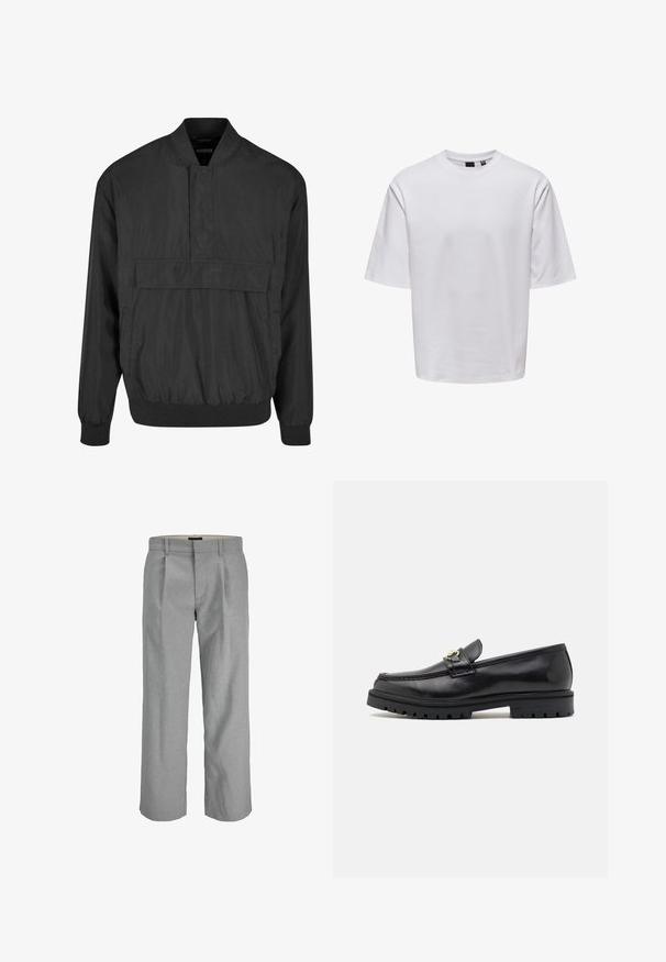 Veste pullover noire en tissu léger et lisse. Présente un col haut, une poche avant et des poignets et un ourlet élastiques. Design simple.; T-shirt blanc à manches courtes en coton lisse, avec un col rond et une coupe décontractée, agrémenté de détails de couture subtils.; Pantalons gris clair en tissu texturé, dotés de plis à l'avant, de jambes droites et d'une taille standard pour la fermeture.; Mocassins en cuir noir avec une finition lisse, bout rond, une sangle décorative avec des accessoires en or, et une semelle noire robuste.
