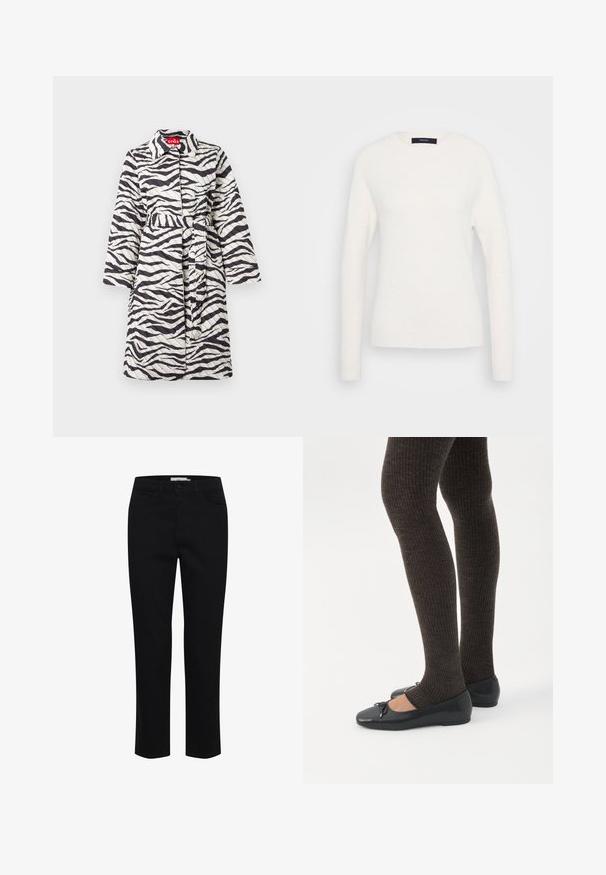 Lange doorgestikte jas met zwart-witte zebra-strepen, een tailleband en kraag, getoond tegen een effen achtergrond.; Langarmige witte sweater met ronde hals, voorzien van geribde boorden en zoom, weergegeven op een effen lichtgrijze achtergrond.; Zwarte katoenen broek, ontworpen met een rechte snit. Beschikt over vijf zakken en een sluiting met een knoop aan de voorkant. Soepele textuur, minimale stikdetails.; Benen met donkere geribbelde leggings gecombineerd met zwarte ballerina's met kleine strikdetails op een witte achtergrond.