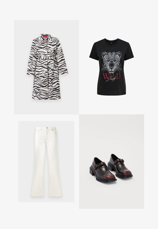 Lange doorgestikte jas met zwart-witte zebra-strepen, een tailleband en kraag, getoond tegen een effen achtergrond.; Zwart T-shirt met korte mouwen met een gedetailleerd wit luipaardgezicht en rode tekst "WILD" en witte tekst "Souls" onder de dierenafbeelding.; Witte jeans met hoge taille, met knoop- en ritssluiting, voorzakken en wijde uitlopende pijpen tegen een effen achtergrond.; Leren blokhak schoenen met een glanzende donkerburgundy afwerking, voorzien van een gespstrap en een rond neusstuk. Getextureerde zool voor grip.
