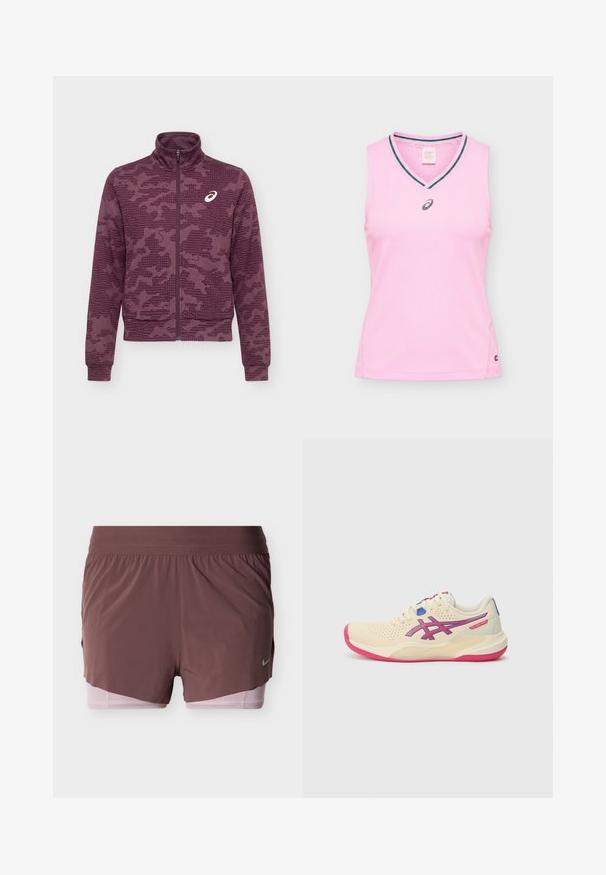 Mørkerød jakke med fuld lynlås og høj krave, abstrakt prikket og stribet mønster samt hvidt ASICS-logo på venstre bryst.; Ærmeløs lyserød sports tanktop med v-hals og mørk kant, med et lille sort ASICS-logo centreret under halsudskæringen.; Shorts i dyb mauve med et let design, der har en bred talje og en lyserød inderforing. Inkluderer en lille logodetalje på siden.; Cremefarvet sportsko med en lyserød sål, blå og lilla accenter, perforeret overdel og design med rund tå.