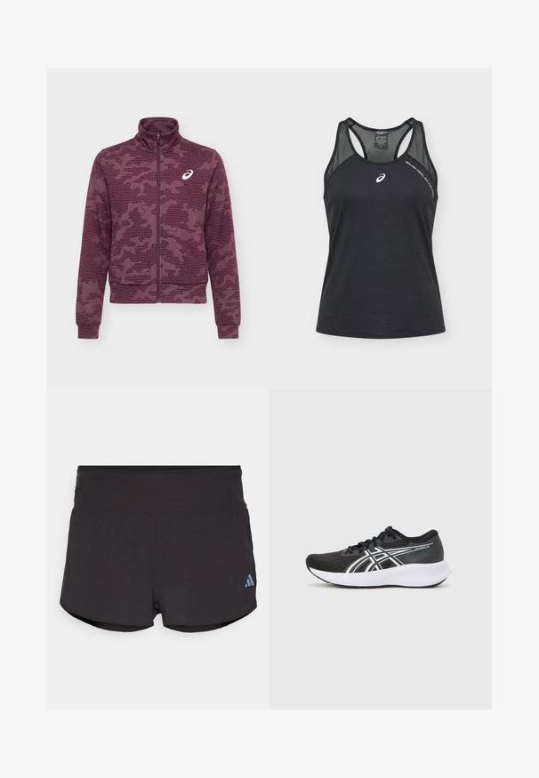 Mørkerød jakke med fuld lynlås og høj krave, abstrakt prikket og stribet mønster samt hvidt ASICS-logo på venstre bryst.; Sort Asics ærmeløs atletisk top med mesh skulderpaneler og hvidt logo på brystet samt teksten "SOUND MIND SOUND BODY" nær skulderen.; Sorte træningsshorts med en tekstureret overflade, der har en bred elastisk talje og et Adidas-logo i lyseblå på nederste venstre side.; Sorte atletiske sko med en tekstureret mesh-overdel, hvide accenter og en polstret hvid sål. Har et logo på siden og snørebånd.