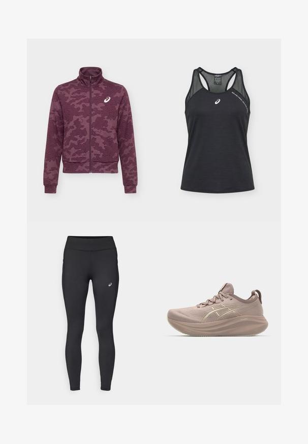 Mørkerød jakke med fuld lynlås og høj krave, abstrakt prikket og stribet mønster samt hvidt ASICS-logo på venstre bryst.; Sort Asics ærmeløs atletisk top med mesh skulderpaneler og hvidt logo på brystet samt teksten "SOUND MIND SOUND BODY" nær skulderen.; ASICS CORE WINTER - Vinter-tights - performance black; Lyserød løbesko med et strømlinet design, tekstureret overdel og en puffet sål. Har et logo og et minimalistisk snøresystem.