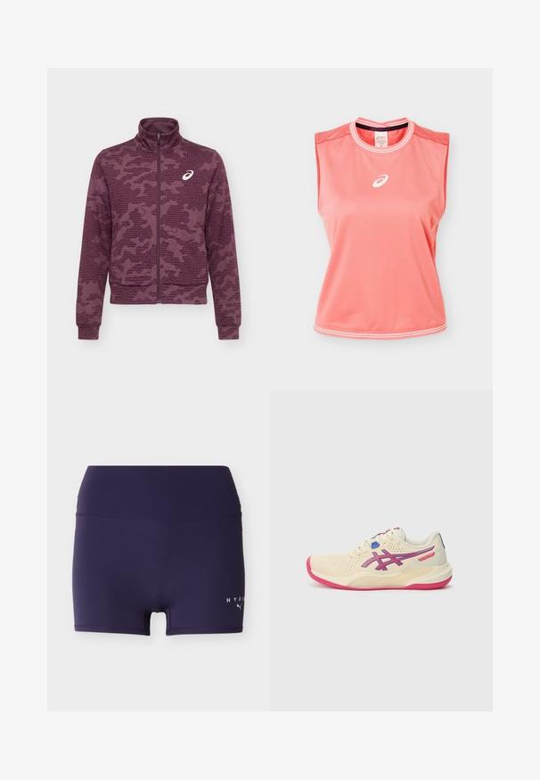 Mørkerød jakke med fuld lynlås og høj krave, abstrakt prikket og stribet mønster samt hvidt ASICS-logo på venstre bryst.; Ærmeløs atletisk tanktop i koralpink med hvide kanter på krave og kant, med hvidt Asics-logo centreret på brystet.; Marineblå tætsiddende atletikshorts med en bred linning og lille Puma Hyrox-logo på det nederste højre ben.; Cremefarvet sportsko med en lyserød sål, blå og lilla accenter, perforeret overdel og design med rund tå.