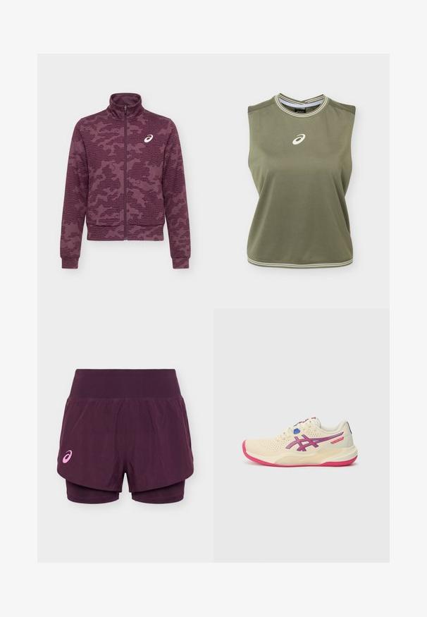 Mørkerød jakke med fuld lynlås og høj krave, abstrakt prikket og stribet mønster samt hvidt ASICS-logo på venstre bryst.; Ærmeløs olivengrøn sports-top med hvidt Asics-logo centreret på brystet, hvidstribet rund halsudskæring og kant.; Lilla dobbeltlags løbeshorts med bredt linning og lille lyserødt Asics-logo på venstre ben.; Cremefarvet sportsko med en lyserød sål, blå og lilla accenter, perforeret overdel og design med rund tå.
