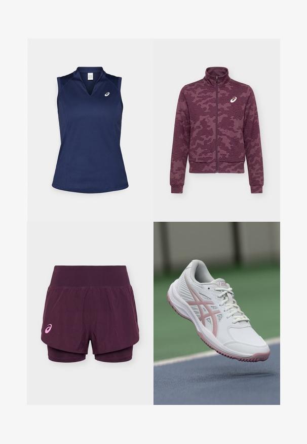 Vínová bunda na celoprepínanie s vysokým golierom, abstraktný bodkovaný a pruhovaný vzor a biele logo ASICS na ľavej strane hrude.; Námornícky modrá bezrukávová športová košeľa s výstrihom do V, vyrobená z hladkej, vlhkosť odvádzajúcej látky; má ploché švy a malé logo na ľavej hrudi.; Fialové dvojvrstvové bežecké šortky so širokým pásom a malým ružovým logom Asics na ľavej nohe.; Biele športové topánky s ružovými akcentmi, syntetický materiál, zaoblený špička, sieťovinové bočné panely a texturovaná podrážka. Viditeľné šnurovanie v prednej časti a značka ASICS.
