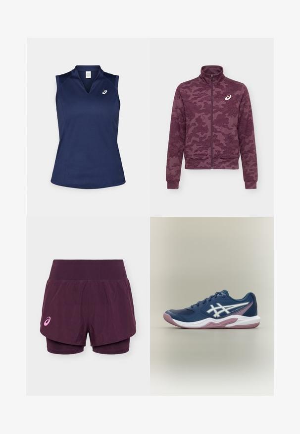 Vínová bunda na celoprepínanie s vysokým golierom, abstraktný bodkovaný a pruhovaný vzor a biele logo ASICS na ľavej strane hrude.; Námornícky modrá bezrukávová športová košeľa s výstrihom do V, vyrobená z hladkej, vlhkosť odvádzajúcej látky; má ploché švy a malé logo na ľavej hrudi.; Fialové dvojvrstvové bežecké šortky so širokým pásom a malým ružovým logom Asics na ľavej nohe.; Námornícka modrá športová teniska s bielou a ružovou podrážkou, bielym logom na boku, šnurovacím dizajnom a sieťovinovými detailmi na prstoch a stranách.